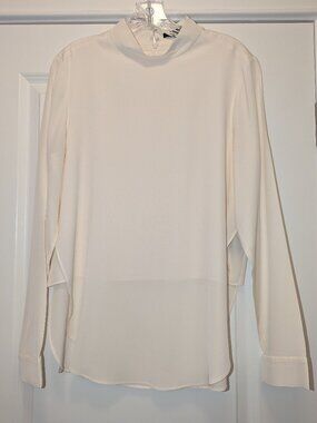 Tibi New York Cream Silk Mock Neck Blouse Size 10 Side Slit Long Sleeve